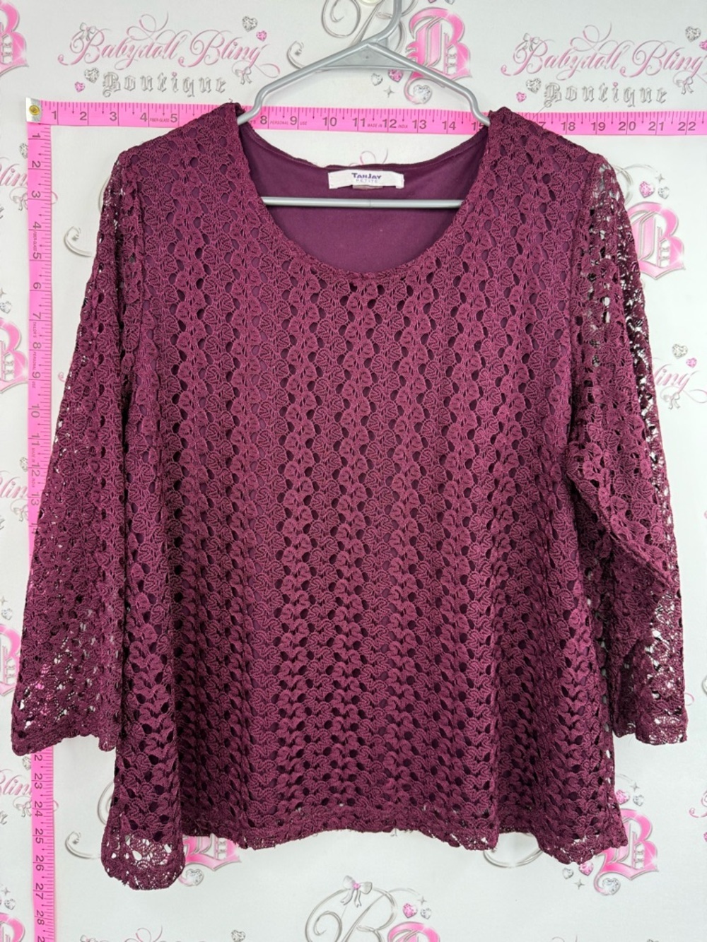 TanJay shirt crochet style knit dual Women's Lace Overlay Top in Plum